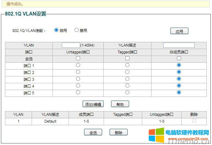 1、設置802.1Q VLAN，啟用，應用，操作成功。