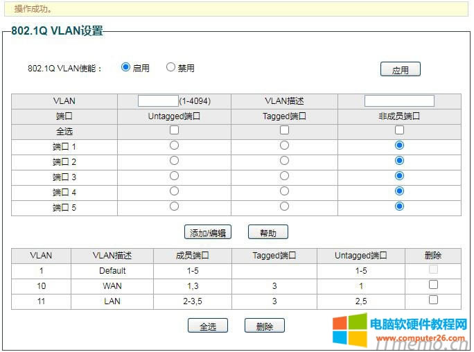 3、設置外網LAN,VLAN號為11，VLAN描述為LAN,Untagged端口為2.5，Tagged端口為3，點擊下面的“添加/編輯”。操作成功