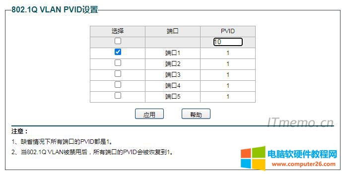 1、設置端口1的PVID值為10，點擊應用。