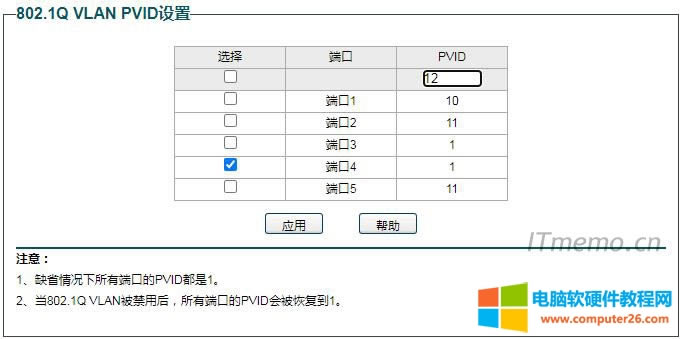 3、設置端口4的PVID值為12，點擊應用。