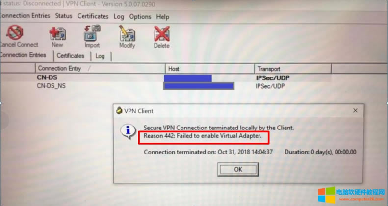 Cisco VPN eReason442: Failed to enable Virtual Adapter