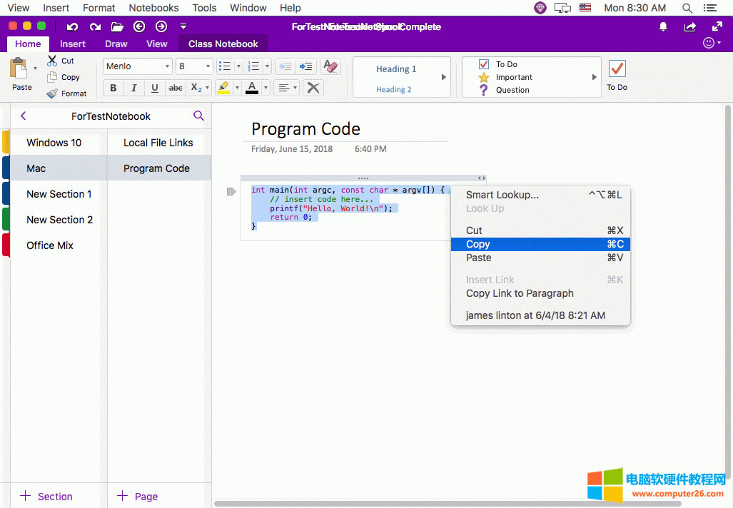 粘貼代碼到 OneNote Mac 中