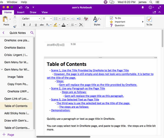 使用珍寶菜單，直接把 Mac OneNote 選中的段落，作為該頁面的標題。
