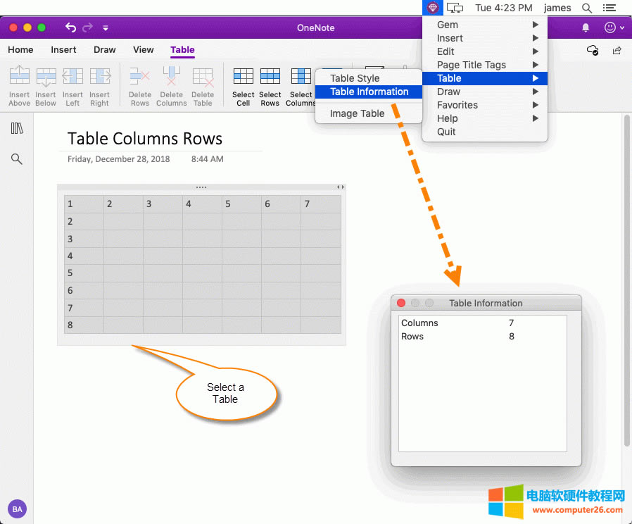 查看 OneNote 選中表格的行數、列數 
