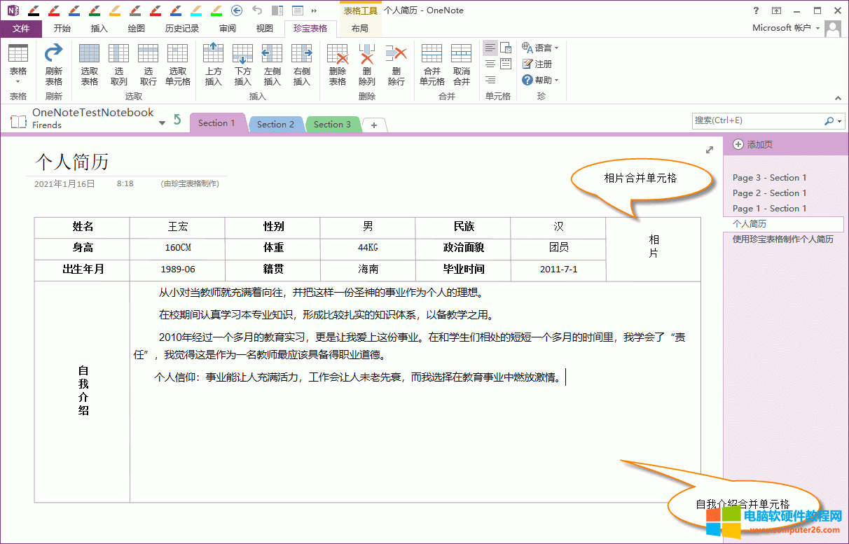 珍寶表格合并單元格創建個人簡歷