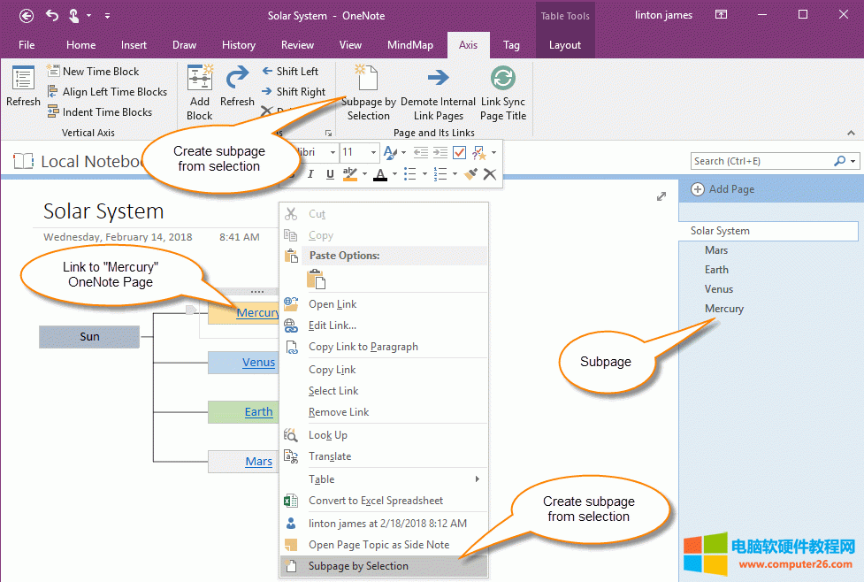 使用選中的文字來創建 OneNote 子頁面