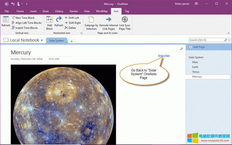 具有回鏈思維導圖頁的 OneNote 子頁面