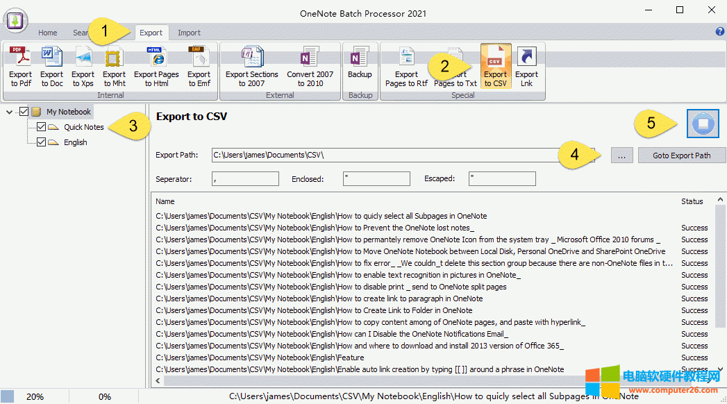 使用批量處理器導出 OneNote 筆記本為一個 CSV 文件