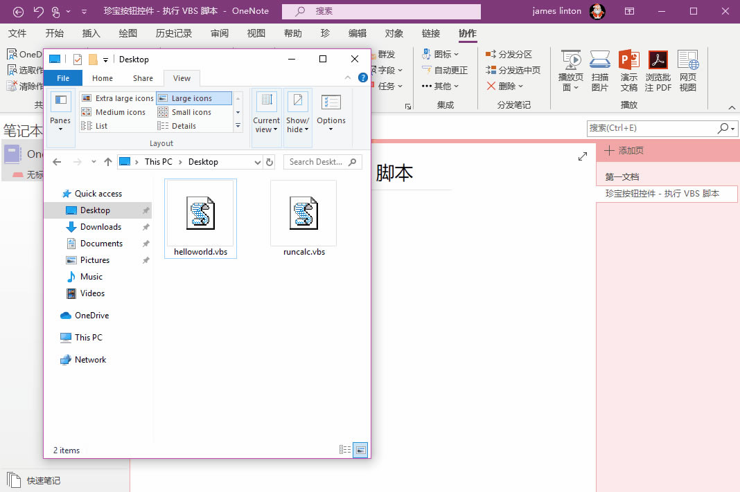 在 OneNote 里使用珍寶按鈕控件來執行 VBS 腳本附件來運行外部程序
