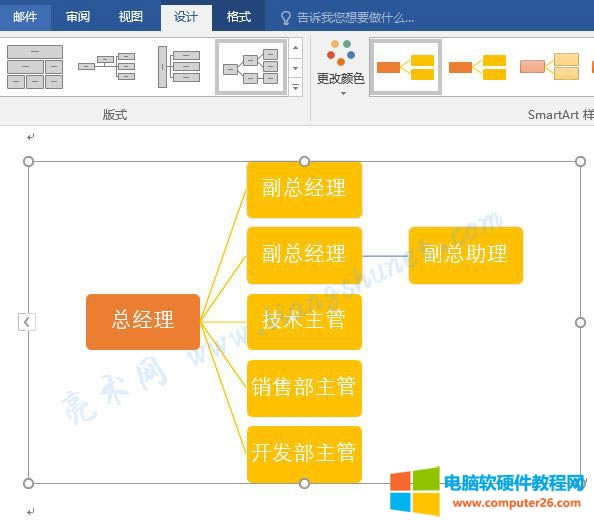 Word 2016 SmartArt 職位水平層次結構